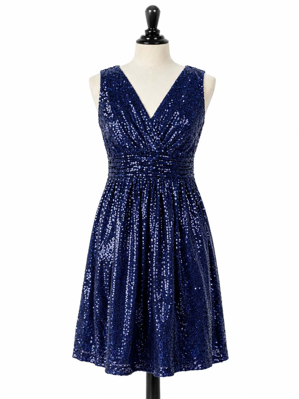 Kate Kasin Navy Blue Sequin Maxi Evening Dress Sleeveless V-Neck Formal Gown